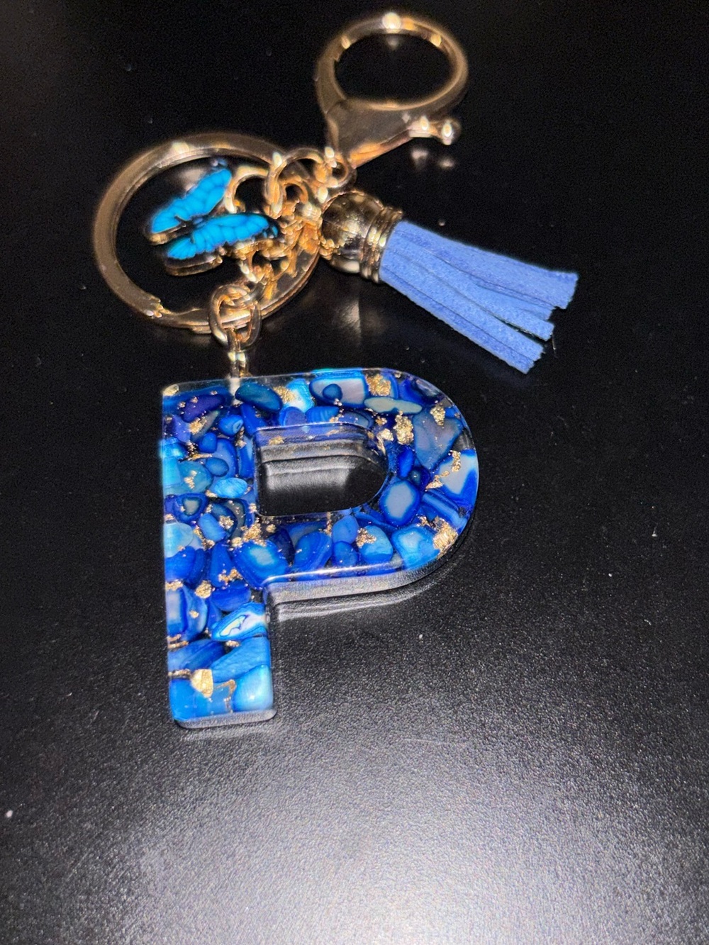 Handmade Blue & Gold Resin Initial "P” Keychain with Tassel & Butterfly Charm🦋